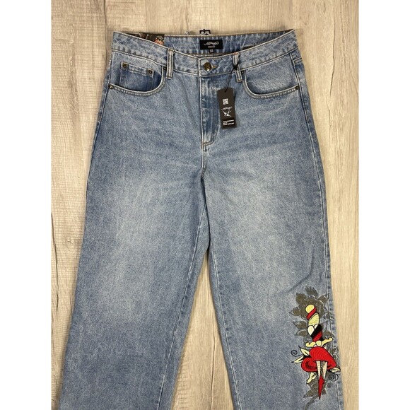 NWT Ed Hardy Heart Dagger Love Wide Leg Loose Fit Retro Light Jeans Size 32 J - Picture 4 of 11